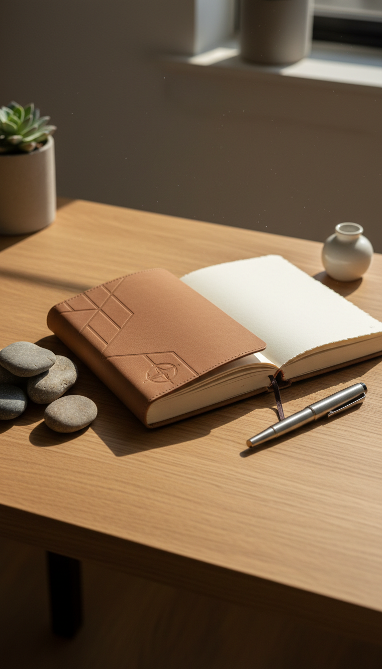 An intricately detailed journal with a soft, vegan leather cover in warm taupe tones, open to a blank, textured page. The journal sits atop a natural oak desk, surrounded by smooth river stones and a sleek, brushed-steel pen resting nearby. Gentle morning sunlight slides in through a nearby window, casting soft highlights and delicate, elongated shadows over the workspace. The mood is calm, reflective, and supportive—inviting visitors to imagine their own journey through life transitions. Framed with a shallow depth of field and rule-of-thirds composition, the scene radiates clean, modern minimalism while remaining warm and sincere.