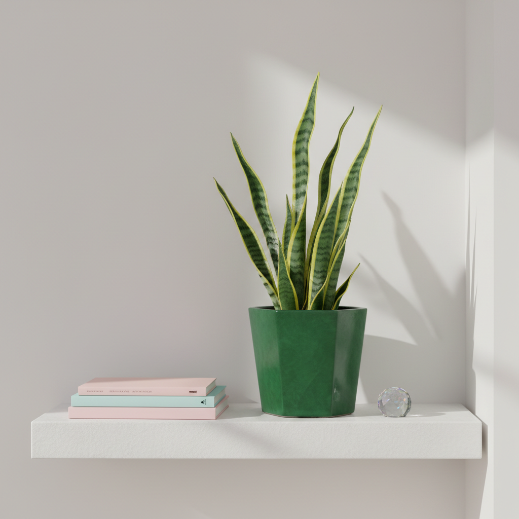 A sleek, emerald-green ceramic plant pot with lush, vibrant snake plant leaves unfurling upwards, signifying growth and renewal. The pot is placed on a crisp, white floating shelf, flanked by pastel-colored art books and a tiny, faceted glass paperweight. Soft, ambient light fills the room, casting faint, crisp shadows behind the plant and creating a gentle, serene atmosphere. The camera captures a slightly elevated angle with asymmetrical framing, focusing on the contrast between organic shapes and modern lines. Artistic style is clean, minimalist, and optimistic, underscoring the spirit of navigating big changes with calm clarity.