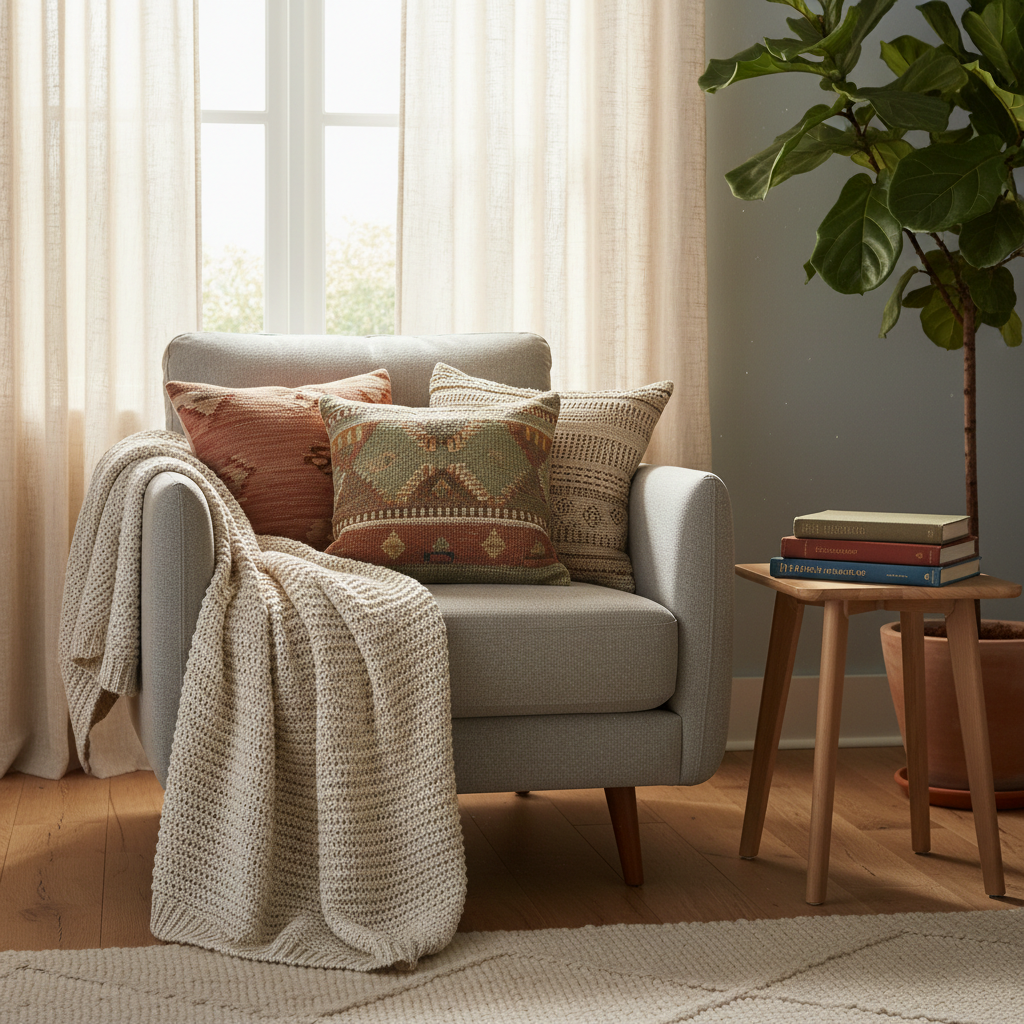 A cozy corner of a tranquil living room, featuring a plush light-grey armchair filled with variegated, woven throw pillows in earth tones. A soft, knitted blanket is draped gracefully over the armrest, and a stack of well-loved hardcover books sits on a minimalist wooden side table. The setting is bathed in the golden, diffused glow of late afternoon sunlight filtering through sheer linen curtains. The overall mood is comforting and welcoming, symbolizing resilience and new beginnings. Captured from an eye-level perspective with balanced composition and soft focus, the style is clean, modern, and inviting—perfect for a site centered on life’s transitions.